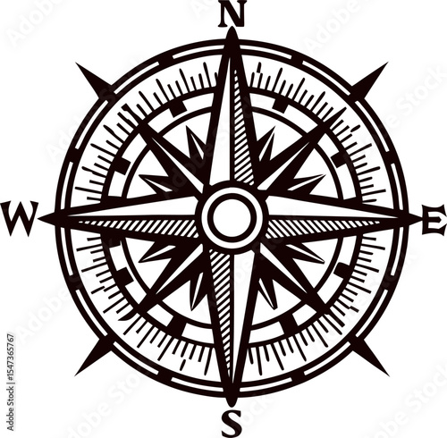 Vintage engraved compass rose illustration with directional points and ornate details on white background