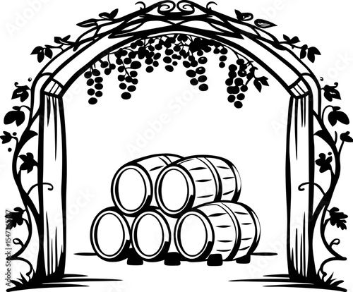 Vintage winery barrels under grapevine arch hand drawn illustration of oak casks stacked below decorative vineyard trellis
