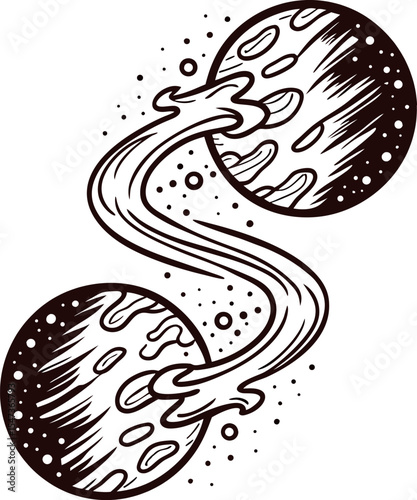 Surreal cosmic illustration of two meteorite planets connected by fluid swirling energy in hand drawn black ink