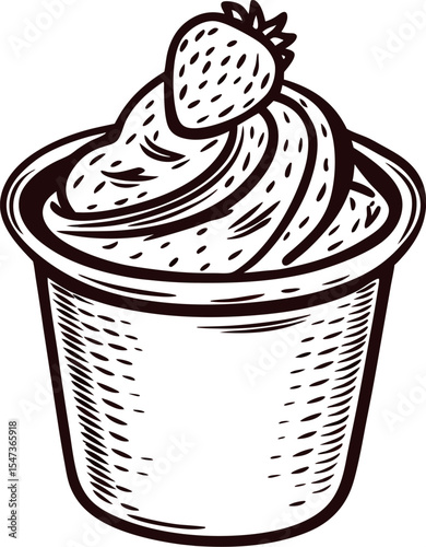 Hand drawn swirl yogurt cup with strawberry sketch illustration on white background
