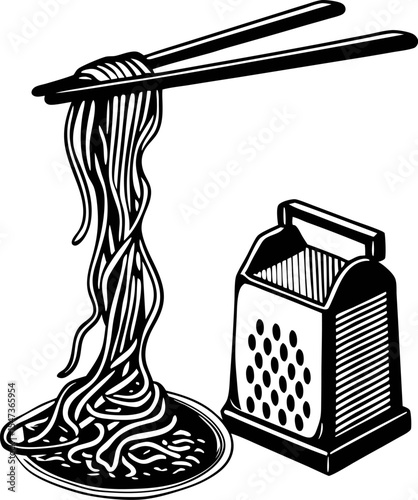 monochrome illustration of chopsticks lifting noodles with a grater by the side on a white background