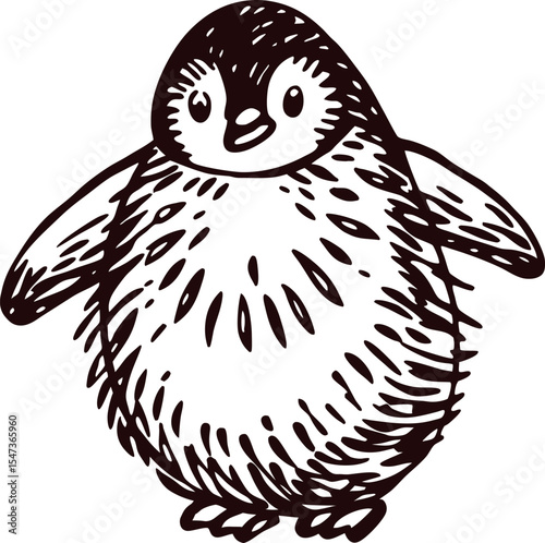 Cute baby penguin chick sketch illustration with flippers out and fluffy downy feathers on white background