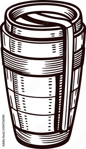Hand drawn insulated travel mug with lid isolated on white vintage reusable coffee cup sketch illustration
