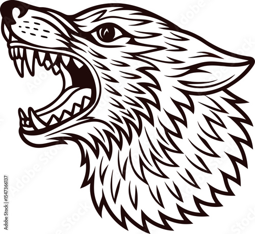 Roaring wild wolf head illustration with open mouth and sharp teeth detailed animal drawing with fierce expression
