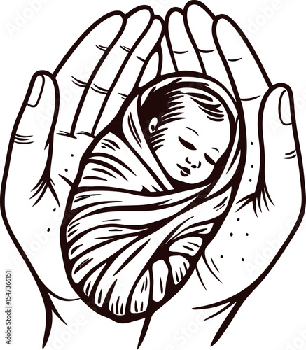 Gentle hands cradling a swaddled newborn baby illustration, nurturing protection and innocence concept drawing