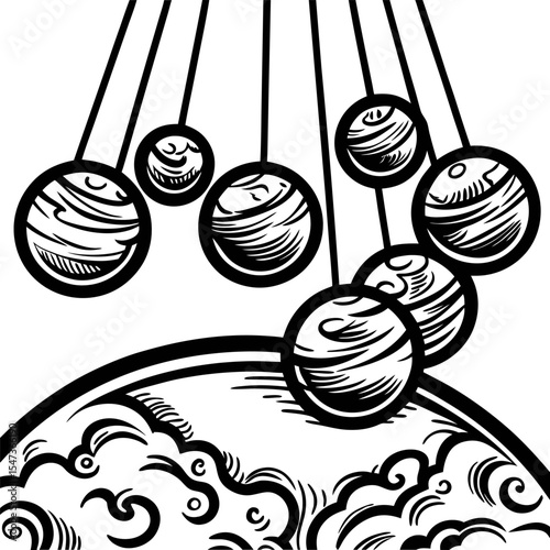 Vintage engraved illustration of newtons cradle above swirling clouds, intricate line art in black and white