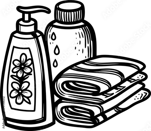 Hand drawn soap dispenser, lotion bottle, and folded towels isolated on white background