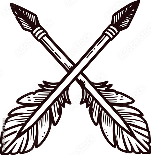Hand drawn crossed arrows with feather details vintage engraved tribal illustration in black on white