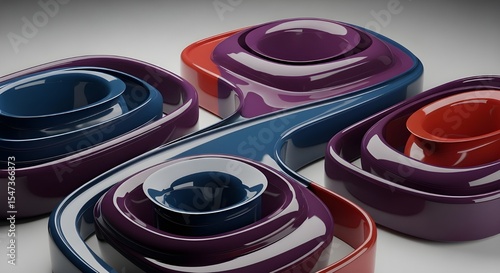 Glossy plastic-style 3D abstract forms arranged in modern layout