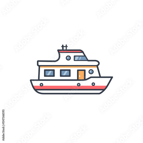 Cartoon boat floats calmly on a plain white backdrop graphic icon