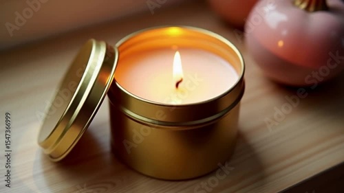 Gold candle burning on wooden surface with decorative items nearby  