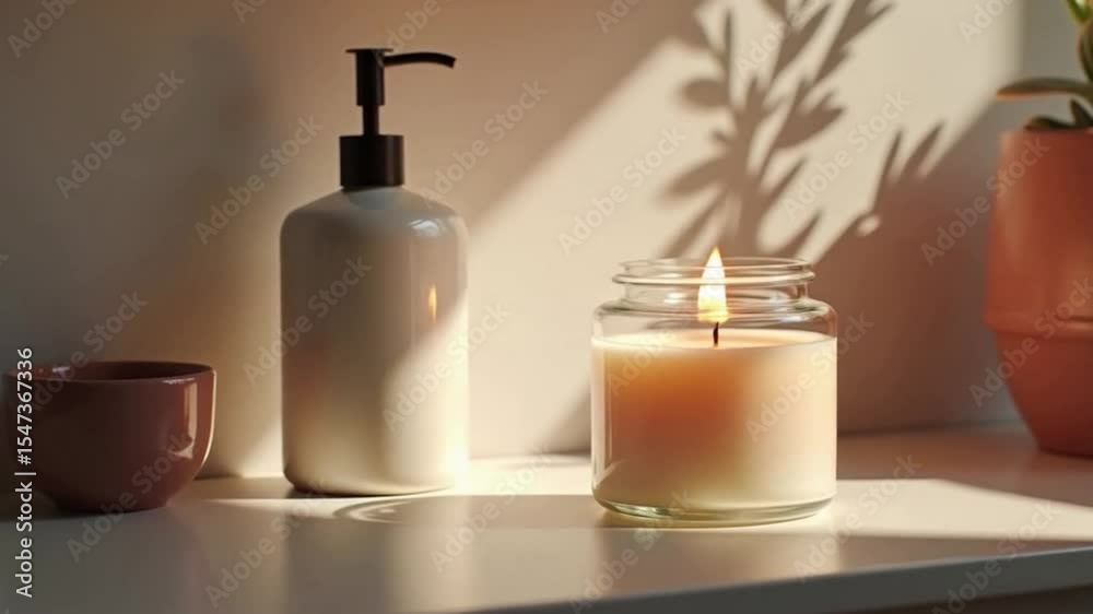 Relaxing candle and lotion beside plant on white table with sunlight Relaxing candle and lotion beside plant on white table with sunlight
