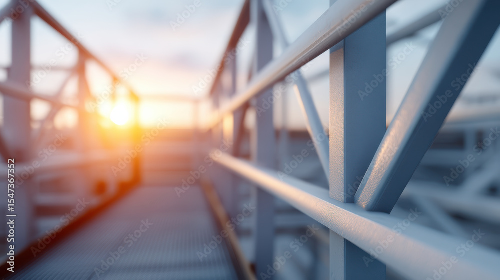 Obraz premium Close up view of metal walkway or bridge with railings, illuminated by warm sunlight during sunset or sunrise, creating serene and industrial atmosphere