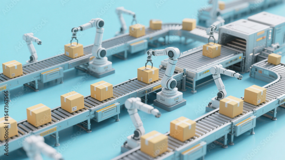 Intelligent robotic arms working on the industrial conveyor belt Intelligent robotic arms working on the industrial conveyor belt