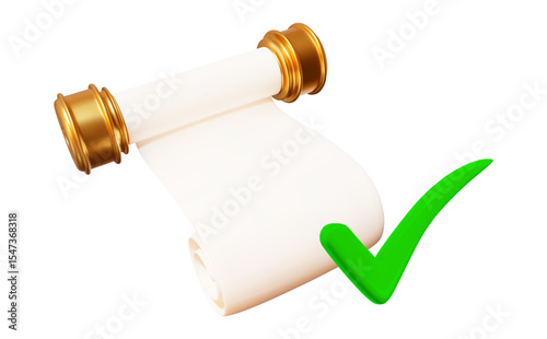 3d green check mark icon and gold parchment paper scroll icon. Stock vector illustration on isolated background. 