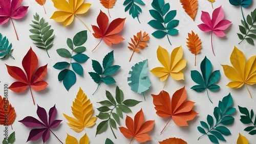 Colorful Paper Leaves and Flowers Collage on White Background