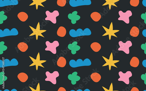 Abstract patterned background with hand-drawn colorful shapes. Trendy colored design template for greeting card, web banner, packaging, cover, textile, wrapping paper.