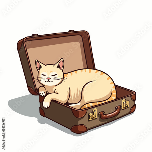 Relaxed tabby cat sleeping soundly inside vintage suitcase. Cat naps comfortably in open luggage. Adorable feline companion perfect for World Cat Day campaign.
