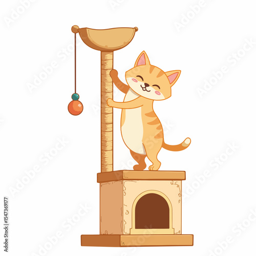 Playful ginger cat climbing cat tree decorated with toys. Happy feline enjoys scratching post and dangling toy.