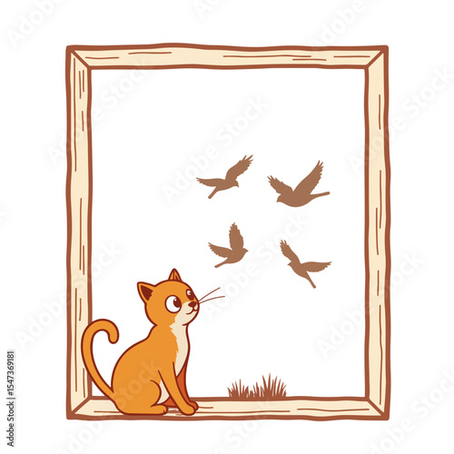 Orange tabby cat, Felis catus, sits inside rustic wooden frame watching birds fly outside window. Curious feline observes birds in flight,