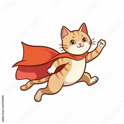 Superhero cat flying with red cape. This cute tabby feline hero soars through air, showcasing playful energy and dynamic movement. Perfect illustration for World Cat Day posters, greeting cards,