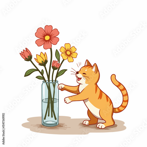 Playful ginger cat knocking over vase with flowers. Kitten playfully interacts with flowers in glass vase. Adorable cat scene perfect for World Cat Day greeting cards and social media.