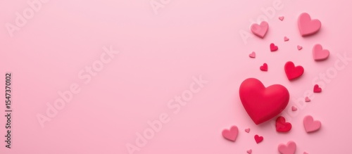 Colorful hearts scattered on a pink background for romantic themes.