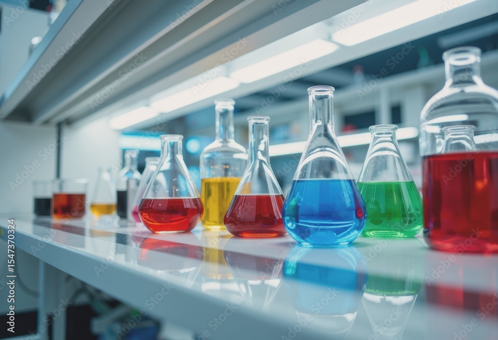 Bright clean lab featuring colorful canisters and flasks on a shelf Bright clean lab featuring colorful canisters and flasks on a shelf
