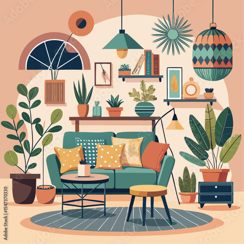 Modern living room and cozy cafe interior with stylish furniture and large window view