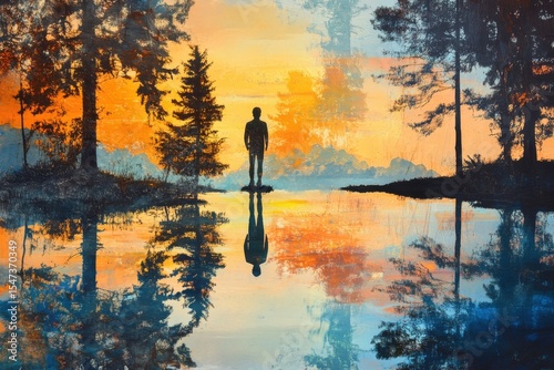 A man is sitting in the water, looking at the sky. The glorious reflection of nature is beautifully captured in the human silhouette and spirit.