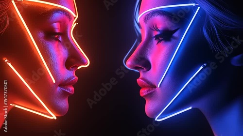 Two women with neon geometric light patterns on their faces, showcasing vibrant colors and artistic expression