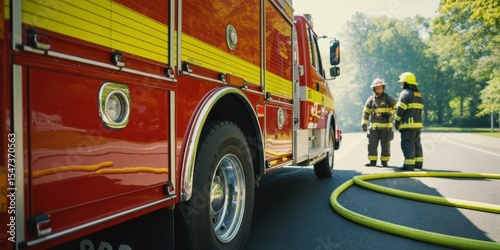 Firefighters and Firetruck on Urban Road