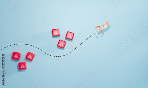 3D rocket navigating past warning blocks with alert icons on light blue background. Concept of overcoming obstacles, risk management, success strategy, and innovation.