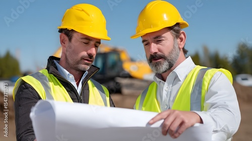 Engineers discussing construction plans in a field office