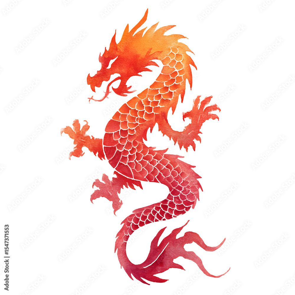 Obraz premium Watercolor Chinese Dragon Silhouette with Fiery Orange and Red Gradient.
