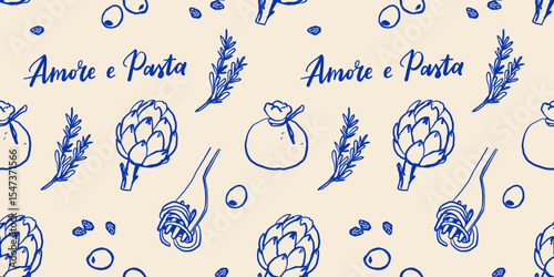 Hand drawn Mediterranean cuisine seamless pattern. Italy la dolce vita coast food coastal print, wrap paper, retro fabric, textile design. Doodle sketch crayon drawing style vector illustration.