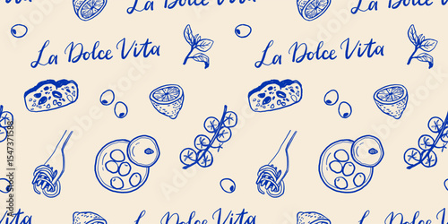 Hand drawn Mediterranean cuisine seamless pattern. Italy la dolce vita coast food coastal print, wrap paper, retro fabric, textile design. Doodle sketch crayon drawing style vector illustration.