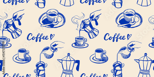 Hand drawn Mediterranean cuisine seamless pattern. Italy la dolce vita coast food coastal print, wrap paper, retro fabric, textile design. Doodle sketch crayon drawing style vector illustration.