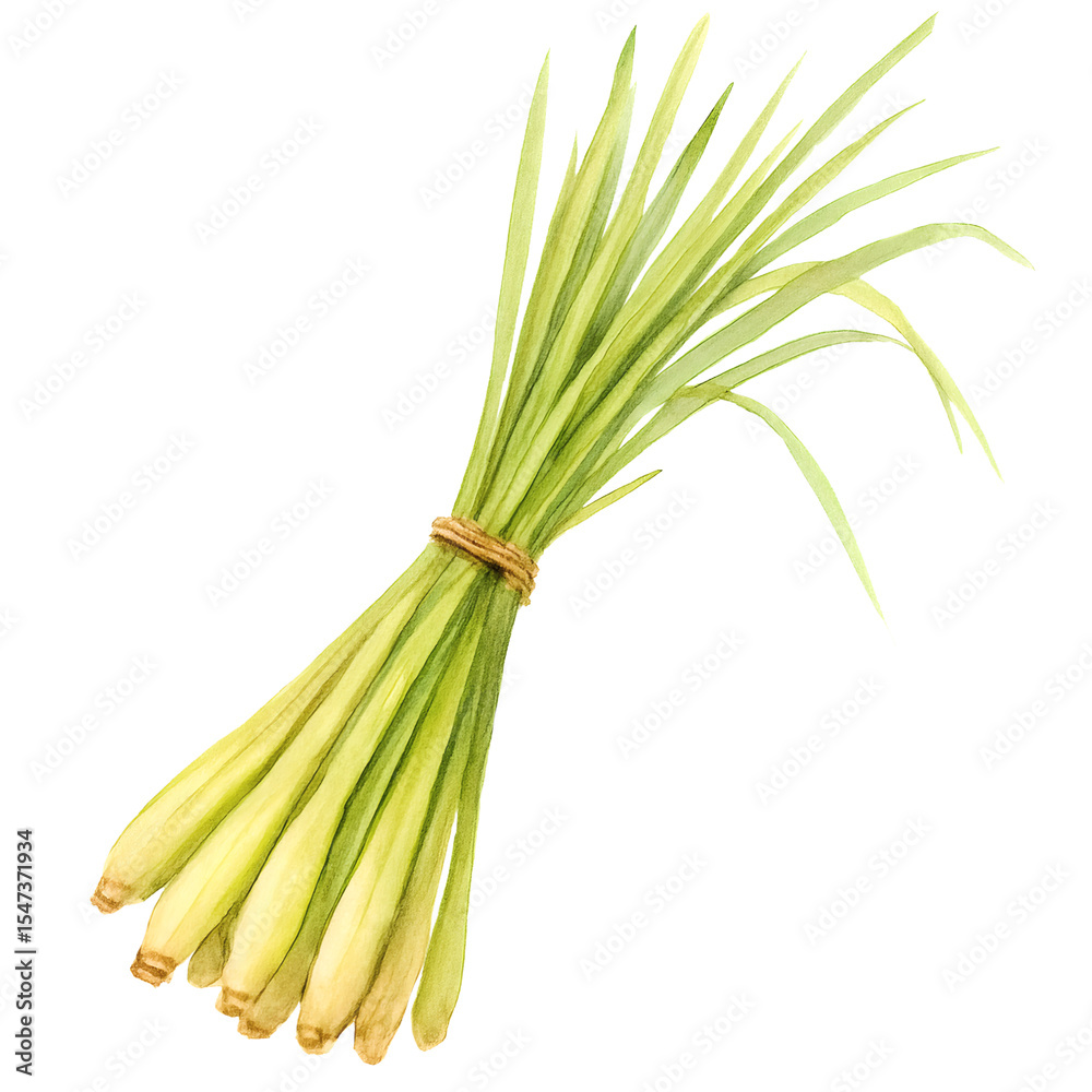 Fototapeta premium Vibrant Small Bundle of Fresh Lemon Grass Isolated on White, Wat