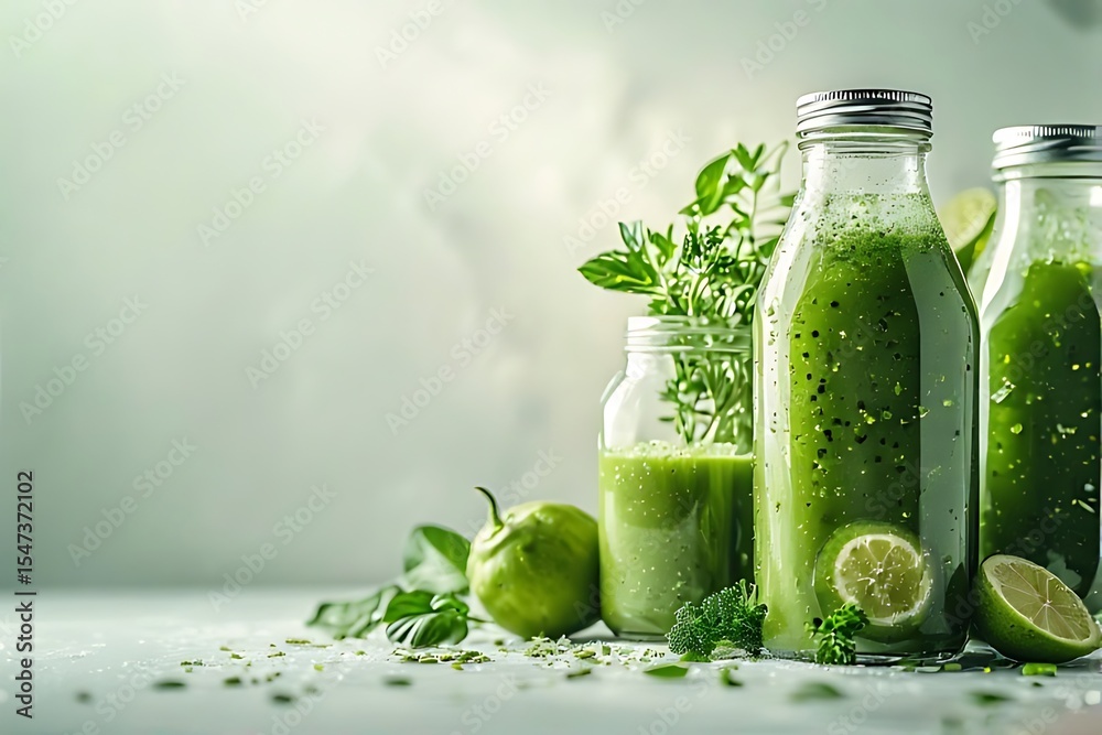 Detox green juice in a glass bottle with fresh ingredients Detox green juice in a glass bottle with fresh ingredients