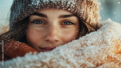 A close-up portrait of a young woman with sparkling eyes, bundled in a cozy scarf, surrounded by a soft snowfall, conveying warmth and the beauty of winter moments.