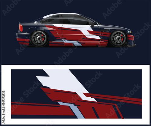 Sleek Sports Car with Custom Red and White Racing Stripes Design
