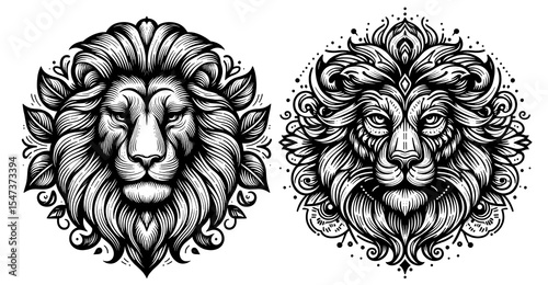 Intricate Lion Head Illustrations Set - Majestic Wild Animal Art Isolated on Transparent Background

