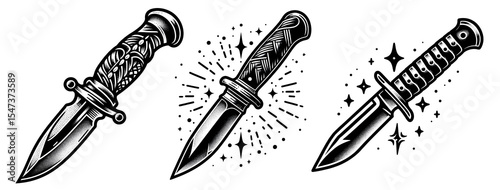 Classic Dagger Knife Illustrations Set - Traditional Tattoo Art Isolated on Transparent Background