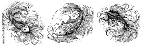 Dynamic Koi Fish Illustrations Set with Water - Asian Art Isolated on Transparent Background
