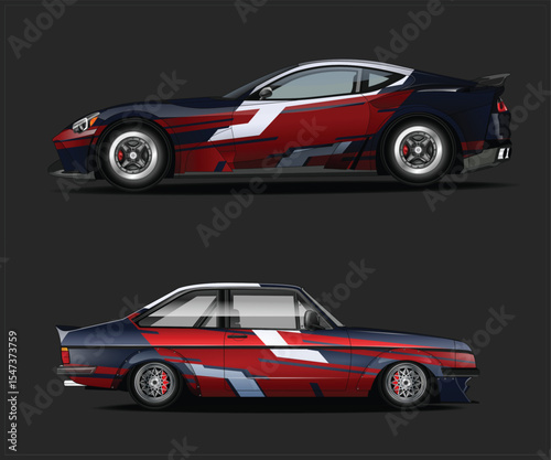 Two Racing Cars with Custom Wraps and Body Kits on Dark Background