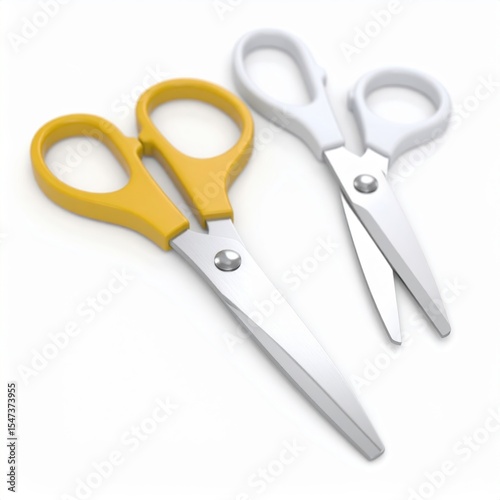 Two pairs of scissors with colorful handles on a white background, ideal for crafts and stationery. photo