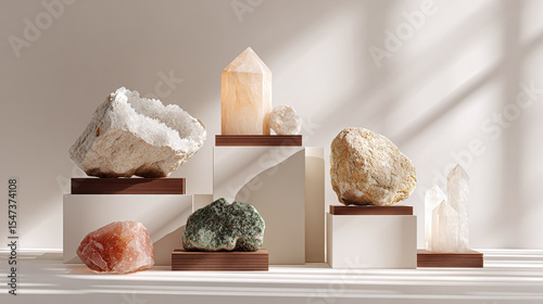 Natural rock mineral collection displayed on white platforms with soft sunlight casting shadows, showcasing various crystal and stone textures in calm setting