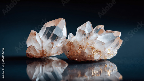 Polished quartz crystal clusters on black surface reflect light with clear and brown tones, showcasing natural mineral beauty and sparkling texture in close up view