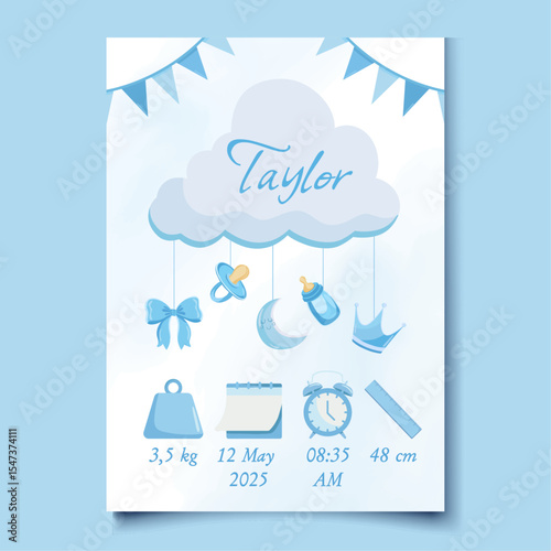 Blue baby birth details poster Baby announcement card Its a boy